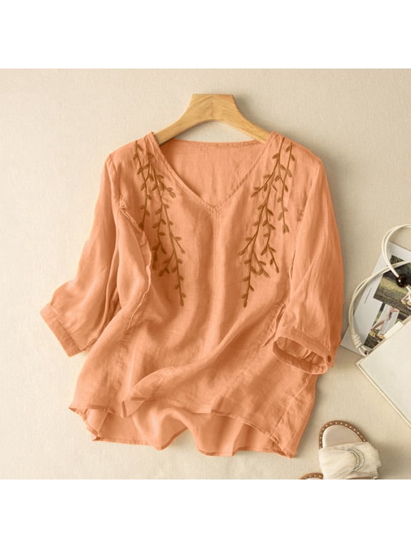Women's Cotton Linen Boho Embroidered Floral Layered Shirt Ethnic Dressy Casual 3/4 Sleeeve Button Down Tunic Blouses Tops Orange M-3XL