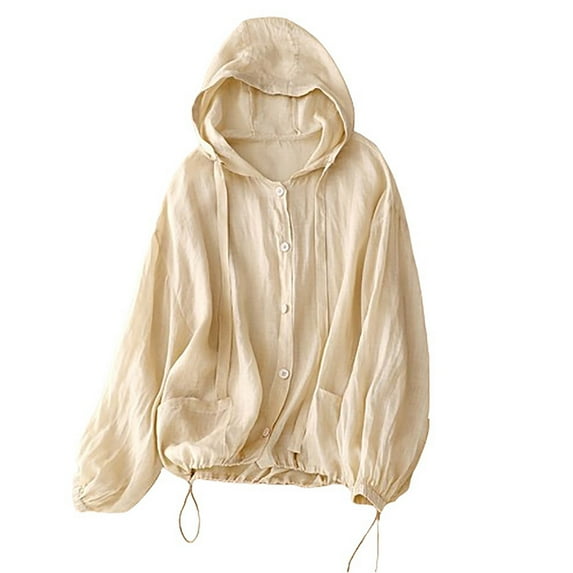 Women's Cotton Linen Botton Blouse UPF 50+ Sun Protection Hoodie Solid Color Long Sleeve Lightweight Clothing