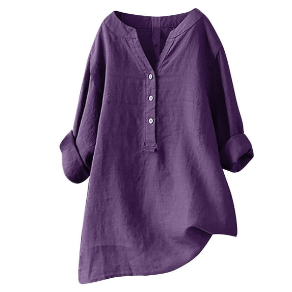 Women's Cotton Linen Button Blouse Plus Size V-Neck Long Sleeve Shirts Solid Color Loose Casual Wears