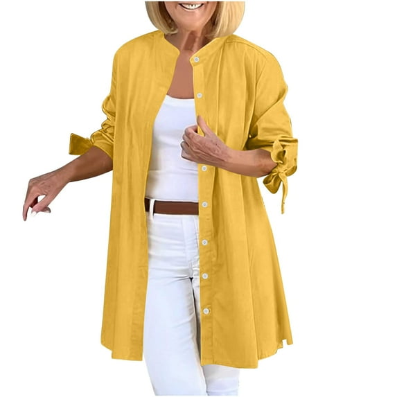 Women's Cotton Linen Button Down Shirt 3/4 Sleeve Loose Fit Blouse Tunic Stand Collar Casual Plus Size Trendy Tops
