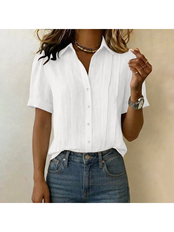Women's Cotton Linen Button Down Shirt Pleated Front Short Sleeve Collared Blouse Rolled Cuff Casual Workwear Top