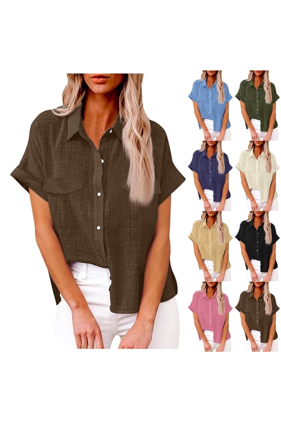 Women's Cotton Linen Button Down Shirts Short Sleeve Solid Color Casual Loose Work Tops with Pockets, 01# Brown M
