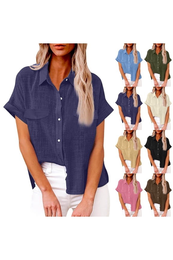 Women's Cotton Linen Button Down Shirts Short Sleeve Solid Color Casual Loose Work Tops with Pockets, 01# Purple M