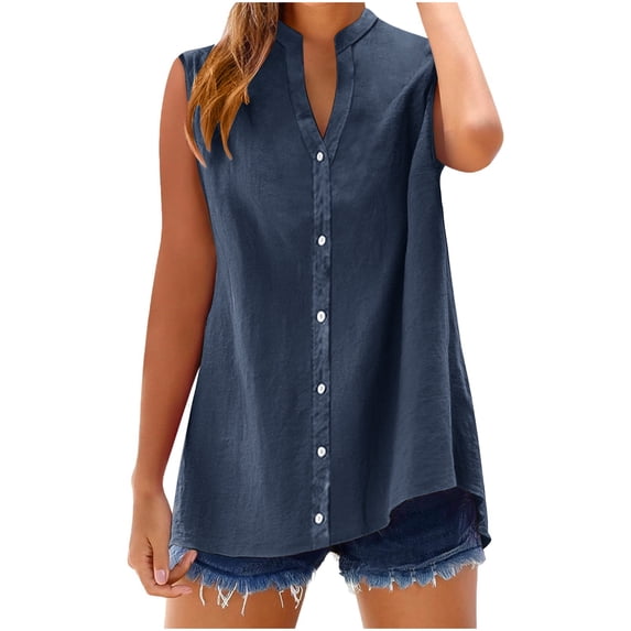 Women’s Cotton Linen Button Down Tank Tops Lightweight Breathable Summer Sleeveless Blouses