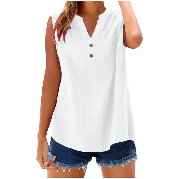 Linen Tops for Women V Neck Sleeveless Tank Top Solid Color Button Up Shirts Curved Hem Blouses Loose Fit Summer T Shirts