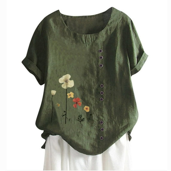Women's Cotton Linen Button Short Sleeve Shirts Summer Loose Crew Neck Casual Boho Top Vintage Embroidered Blouse Tops High Low Hem Tees Shirt for Long Skirt