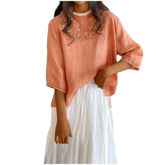 Women's Cotton Linen Button Short Sleeve Shirts Summer Loose Crew Neck Casual Boho Top Vintage Embroidered Blouse Tops,Women's 3/4 Sleeve Cotton Linen Jacquard Blouses Top T-Shirt