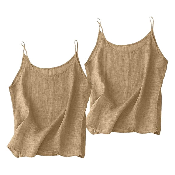 Women's Cotton Linen Camisole 2-Pack, Spaghetti Strap Loose Fit Tank Tops for Summer Layering, Casual Sleeveless Shirts, Choose Solid Color or Color Block Set Khaki M