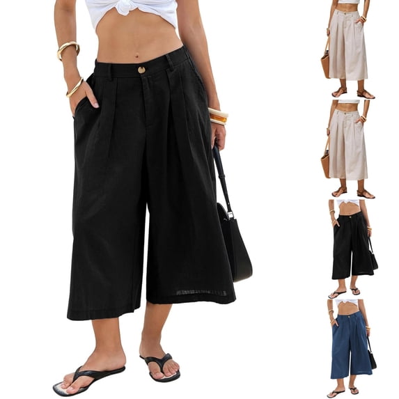 Women's Cotton Linen Capri Pants 2026 Summer Spring Wide Leg High Waist Casual Cropped Palazzo Trousers with Pockets, #03 Gray, XL