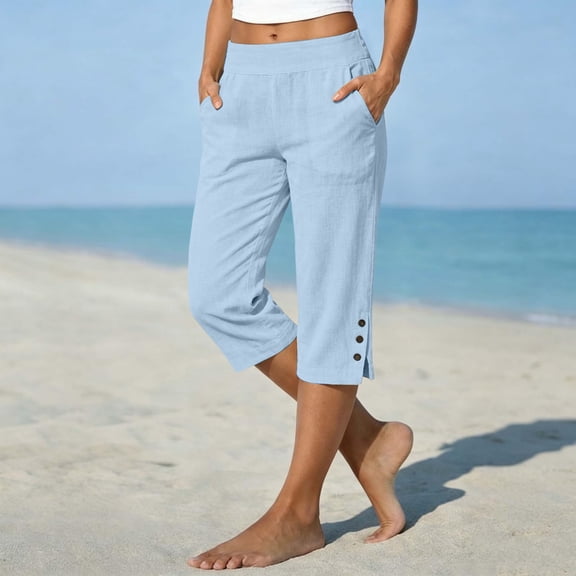 Women's Cotton Linen Capri Pants, Elastic Waist Loose Straight Leg Cropped Trousers with Pockets, Side Slit Button Casual Summer Pants for Daily Wear 08-Light Blue S