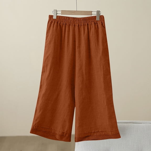 Women's Cotton Linen Capri Pants Elastic Waist Wide Leg Summer Casual Loose Breathable Lightweight Outfits (L, Orange)