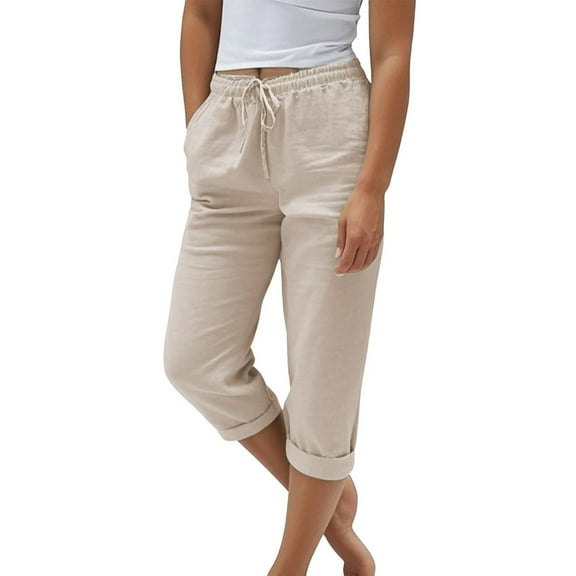 Women's Cotton Linen Capri Pants High Waisted Drawstring Casual Summer Pants with Pockets Roll Up Hem
