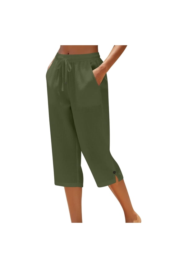 Women's Cotton Linen Capri Pants Loose Drawstring Elastic Waist Cropped Trousers