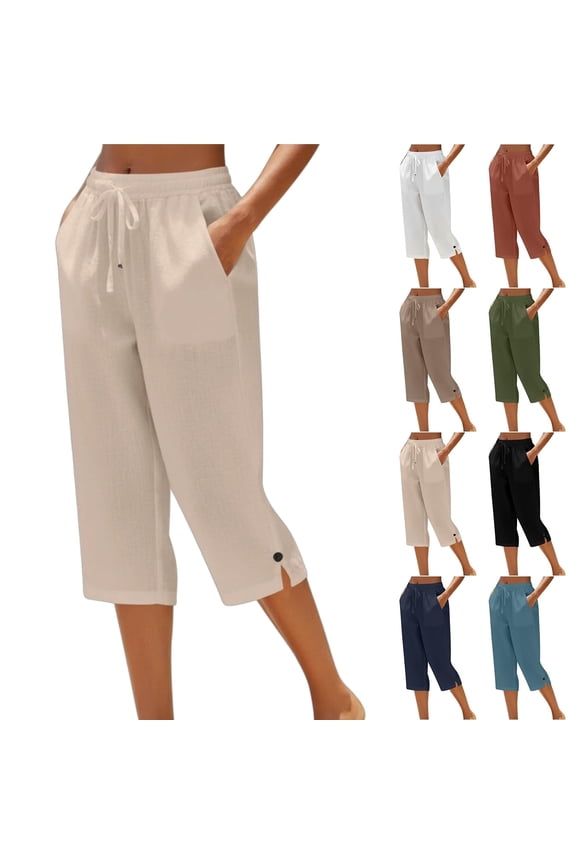 Women's Cotton Linen Capri Pants Loose Drawstring Elastic Waist Cropped Trousers