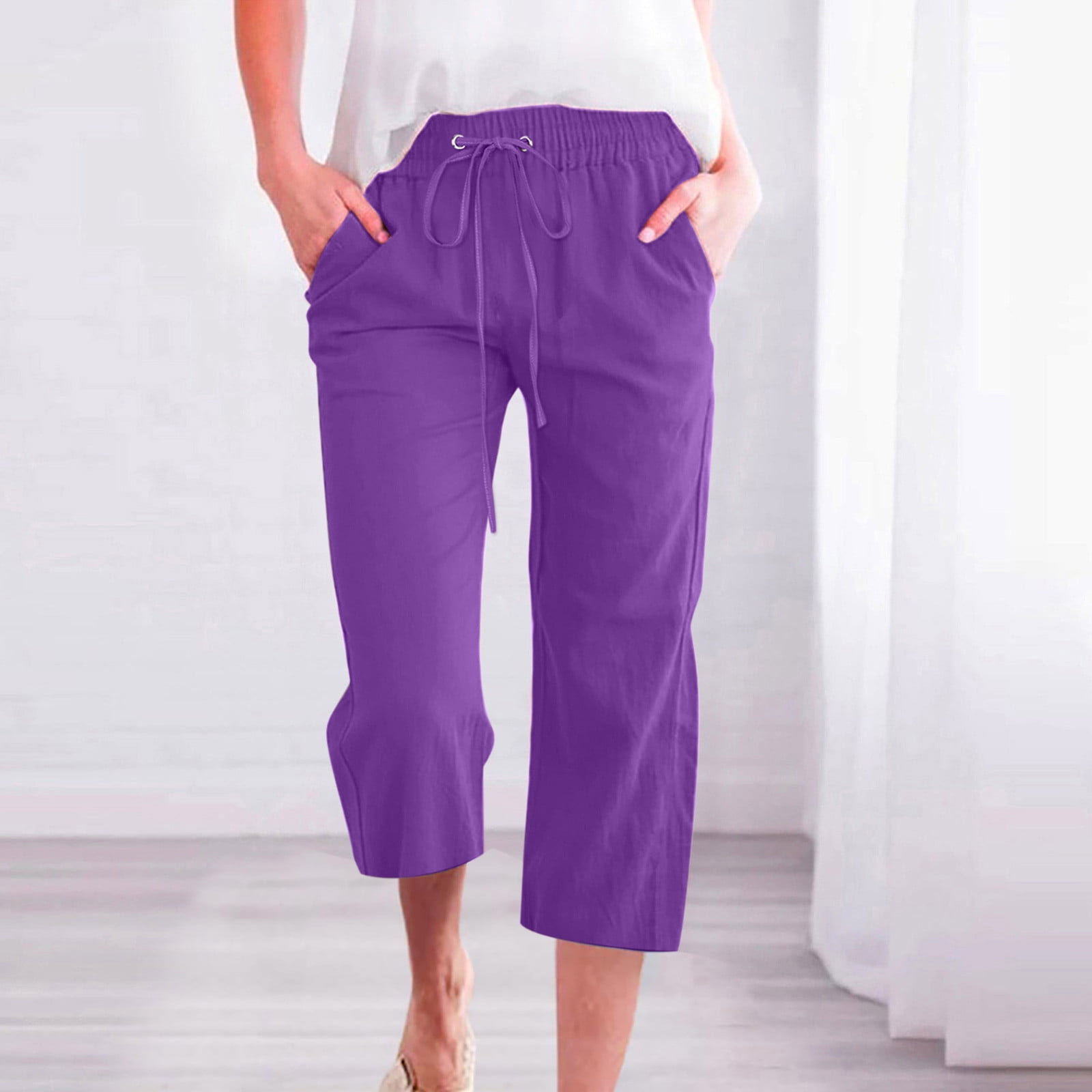Clearance Stretchy Cropped Pants Fashion Casual Women Solid Span Ladies  High Waist Wide Leg Trousers Yoga Pants Capris Purple M