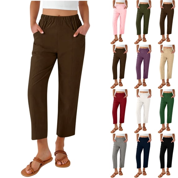 Women's Cotton Linen Capri Pants Summer Lightweight Elastic Waist Work Pant Ankle Cropped Trousers with Pockets 2026 Brown XL