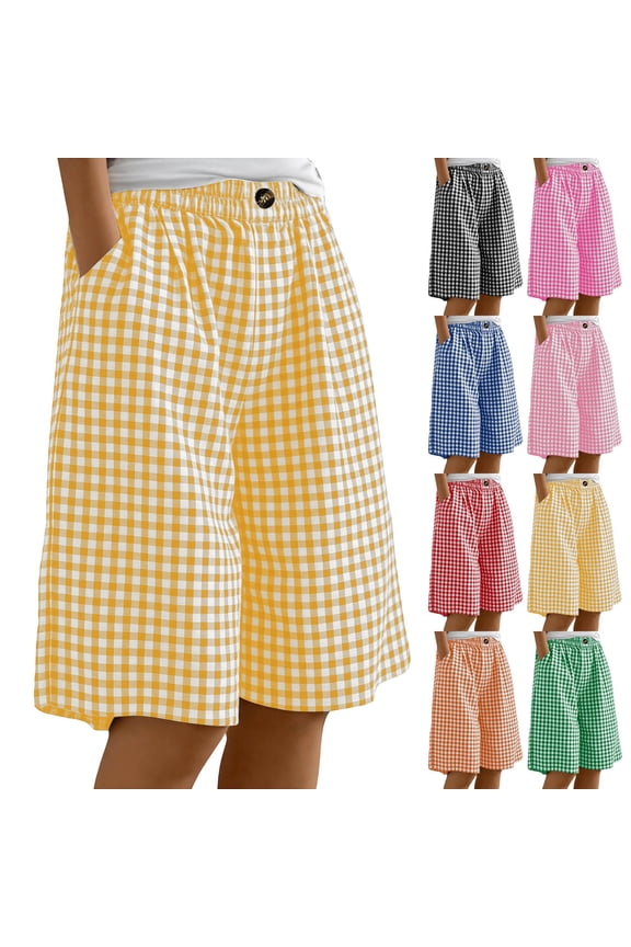 Women's Cotton Linen Capri Pants Wide Leg Elastic Waist Gingham Palazzo Pants