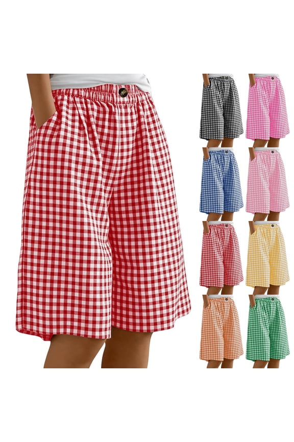 Women's Cotton Linen Capri Pants Wide Leg Elastic Waist Gingham Palazzo Pants