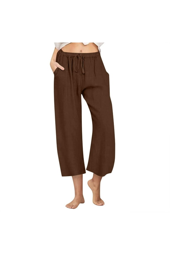 Women's Cotton Linen Capri Pants with Pockets Lightweight Casual Wide Leg Capri Pants Drawstring Elastic Waist Trouser (L, Brown)