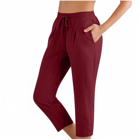 Women's Cotton Linen Capris Elastic Waist Drawstring Casual Trousers Adjustable Drawstring Summer Capris with Pockets,L,Wine