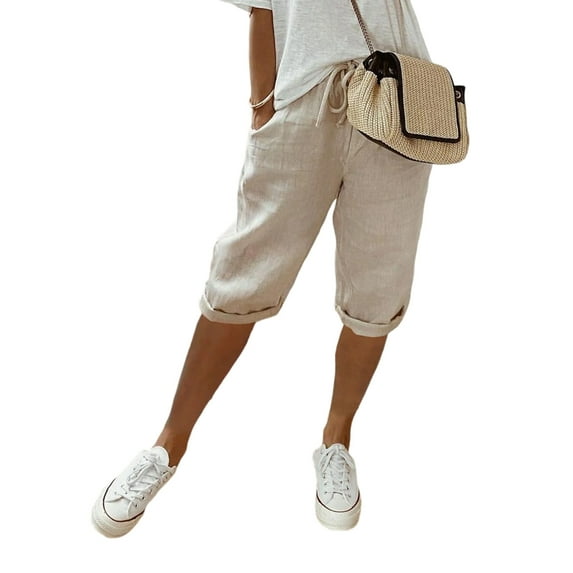 Women's Cotton Linen Capris Pants Casual Drawstring Elastic Waist Bermudas Shorts with Pockets Summers Beach Shorts