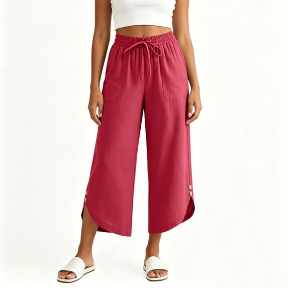 Women's Cotton Linen Capris Pants High Waisted Wide Leg Drawstring Capris Loose Casual Work Cropped Trousers L