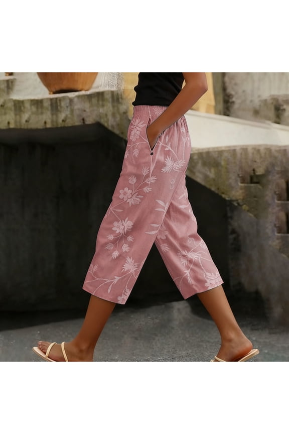 Women's Cotton Linen Capris Pants Plus Size Elastic Waist Straight Leg Cropped Pants Summer Casual Floral Printed Loose Breathable Comfy Pant With Pocket