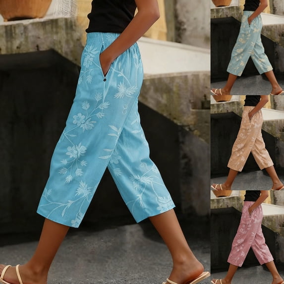 Women's Cotton Linen Capris Pants Plus Size Elastic Waist Straight Leg Cropped Pants Summer Casual Floral Printed Loose Breathable Comfy Pant With Pocket
