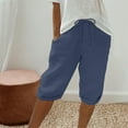 thumbnail image 1 of Women's Cotton Linen Capris Solid Color Bermuda Pants Drawstring Casual Knee Length Beach Shorts Dark Blue M, 1 of 6