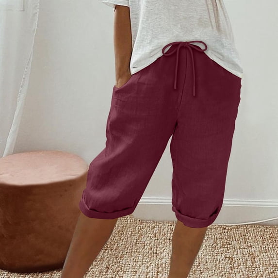 Women's Cotton Linen Capris Solid Color Bermuda Pants Drawstring Casual Knee Length Beach Shorts Wine XXL