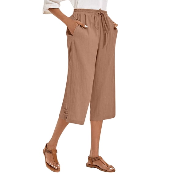 Women's Cotton Linen Capris Summer Drawstring Wide Leg Pants Casual High Waisted Trousers with Pockets (S, Pink)