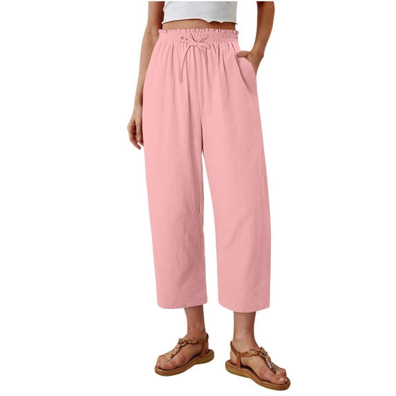 Women's Cotton Linen Casual Pants Summer Wide Leg Loose Ruffle High Waist Cropped Drawstring Palazzo Flowy Trousers with Pockets Pink XL(XL)