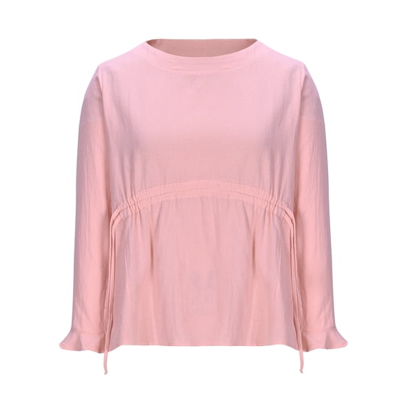 ZQUUVOU Women's Cotton Linen Casual Shirt Temperament Long-Sleeved Tied Waist Ruffled Top Pink