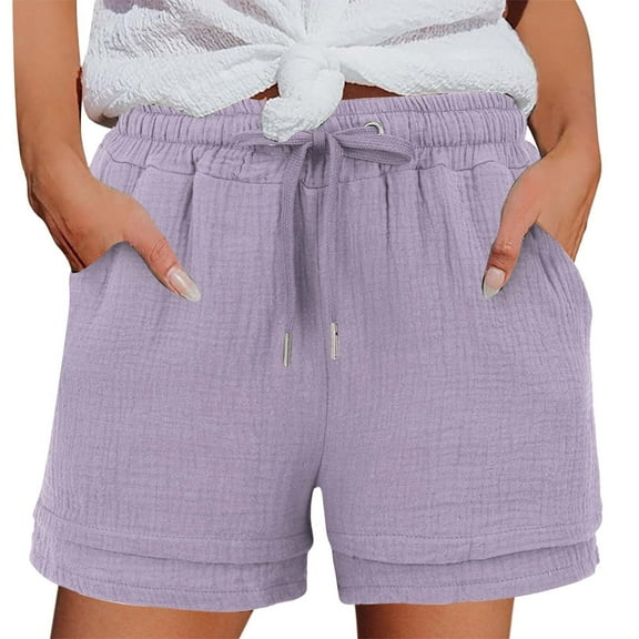 Women's Cotton-Linen Casual Shorts - Elastic Waist Pull-On with Side Pockets, Beach & Lounge Shorts | Yubnlvae (Purple | XL)