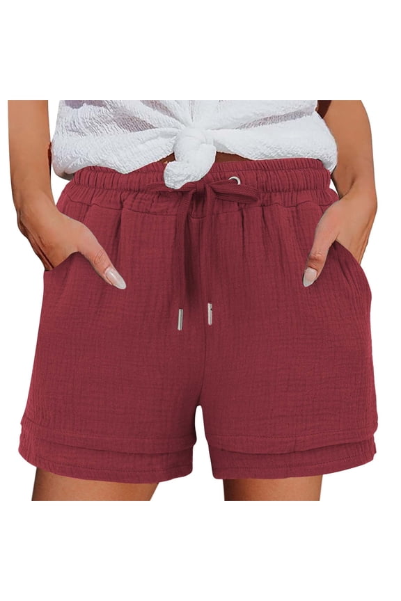 Women's Cotton-Linen Casual Shorts - Elastic Waist Pull-On with Side Pockets, Beach & Lounge Shorts | Yubnlvae (Wine | XXL)