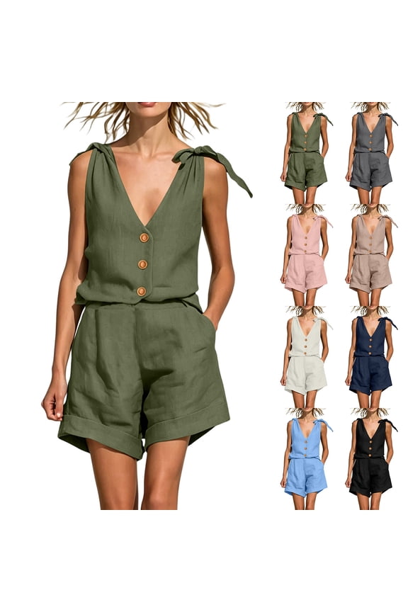 Women's Cotton Linen Casual Shorts Set with Pockets, Elastic Waist Drawstring Shorts, Soft Lightweight Summer Outfit for Lounge Beach Vacation, Womens | VerBelle,Army Green L