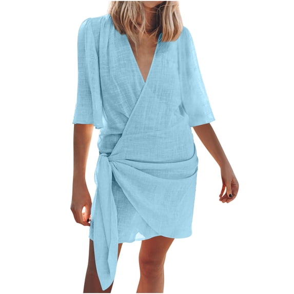 Women's Cotton Linen Casual Summer Mini Dress V-Neck Short Sleeve Wrap Tie Waist Dress 2026 Trendy Fashion Wear for Relaxed Lounging Wear