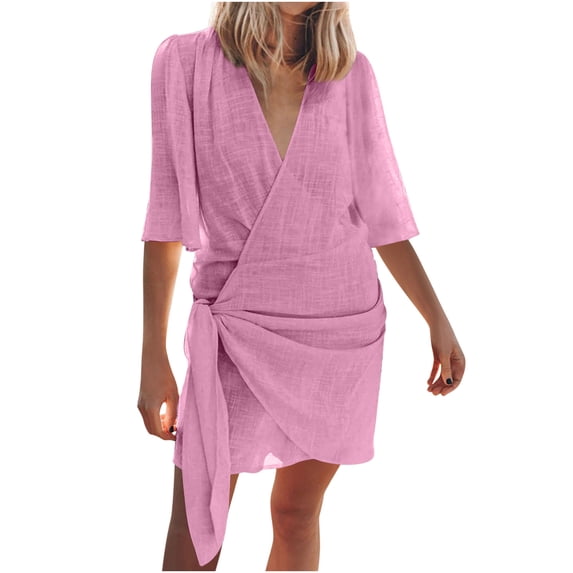 Women's Cotton Linen Casual Summer Mini Dress V-Neck Short Sleeve Wrap Tie Waist Dress 2026 Trendy Fashion Wear for Relaxed Lounging Wear