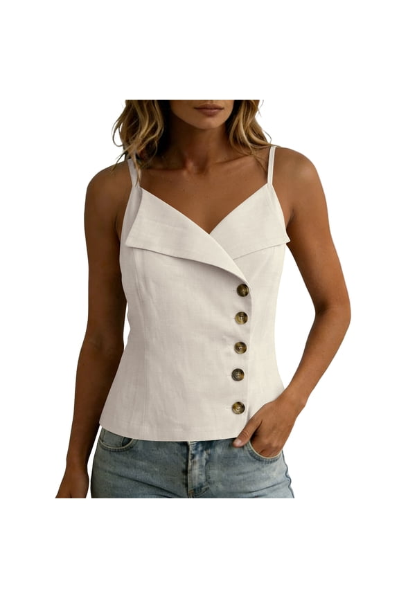 Women's Cotton Linen Collared Camisole Summer Fashion V-Neck Button Up Tank Top Slim Fit Plain Sleeveless Daily Wear Tops Beige