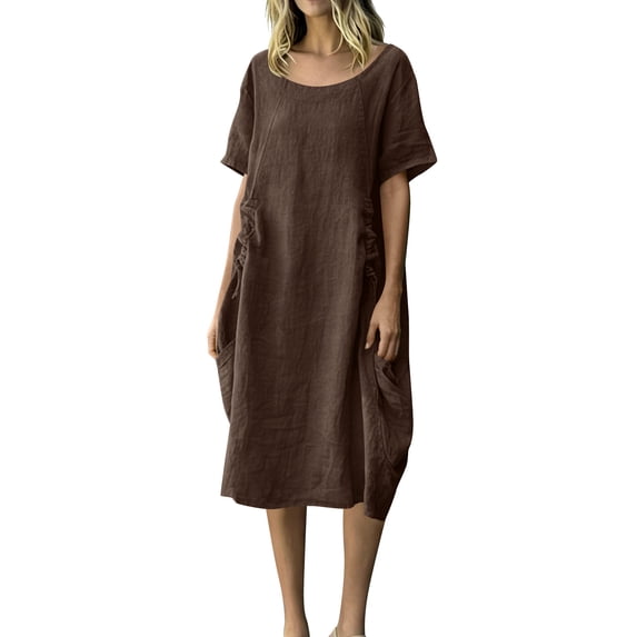 Women's Cotton Linen Crew Neck Midi Dress Short Sleeve Loose Casual Long Dress with Drawstring Waist Side Pockets Brown S(S)