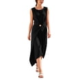 thumbnail image 1 of Women's Cotton Linen Crew Neck Sleeveless Midi Dress Solid Color Tie Waist Irregular Hem Casual Summer Tank Dress Black L(L), 1 of 8