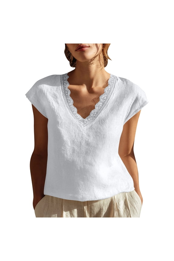 Women's Cotton Linen Crop Tops V Neck Lace Trim Cap Sleeve Cute Blouses Casual Loose Fit Summer Beach Shirts