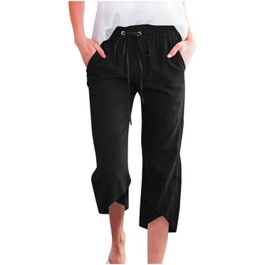Women's Cotton Linen Cropped Capri Pants Solid Color Wide Leg Pants Drawstring Waisted Pant Casual Summer Pants Clearance Capris for Women 7.00