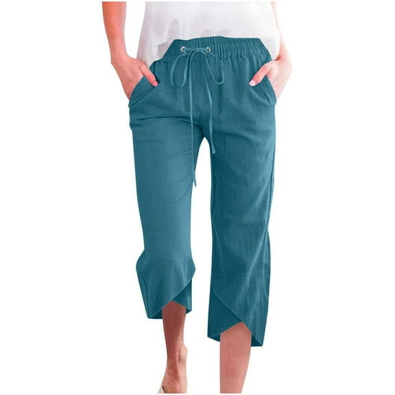 Women's Cotton Linen Cropped Capri Pants Solid Color Wide Leg Pants Drawstring Waisted Pant Casual Summer Pants Clearance Capris for Women 7.00