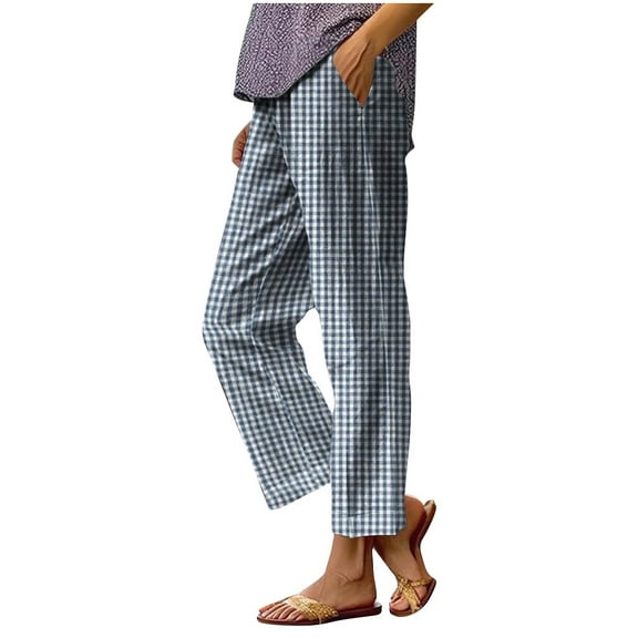 Women's Cotton Linen Cropped Pants Elastic Waist Plaid Gingham Capri Pants Summer Casual Beach Trousers with Pockets