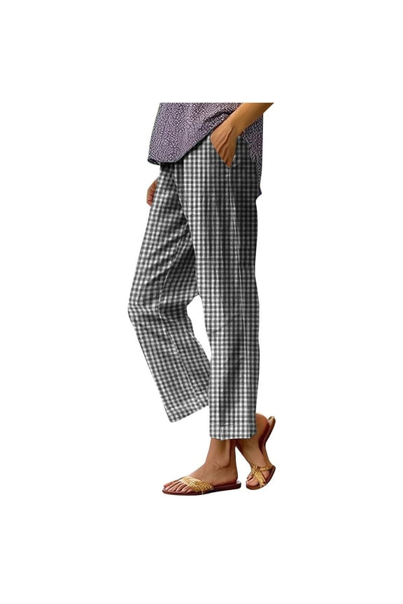Women's Cotton Linen Cropped Pants Elastic Waist Plaid Gingham Capri Pants Summer Casual Beach Trousers with Pockets