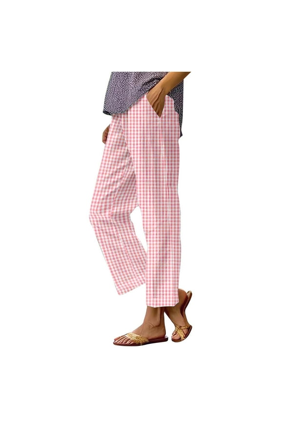 Women's Cotton Linen Cropped Pants Elastic Waist Plaid Gingham Capri Pants Summer Casual Beach Trousers with Pockets