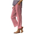 thumbnail image 1 of Women's Cotton Linen Cropped Pants Elastic Waist Plaid Gingham Capri Pants Summer Casual Beach Trousers with Pockets, 1 of 5