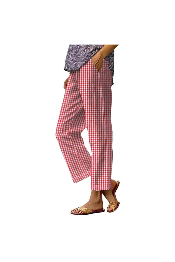 Women's Cotton Linen Cropped Pants Elastic Waist Plaid Gingham Capri Pants Summer Casual Beach Trousers with Pockets