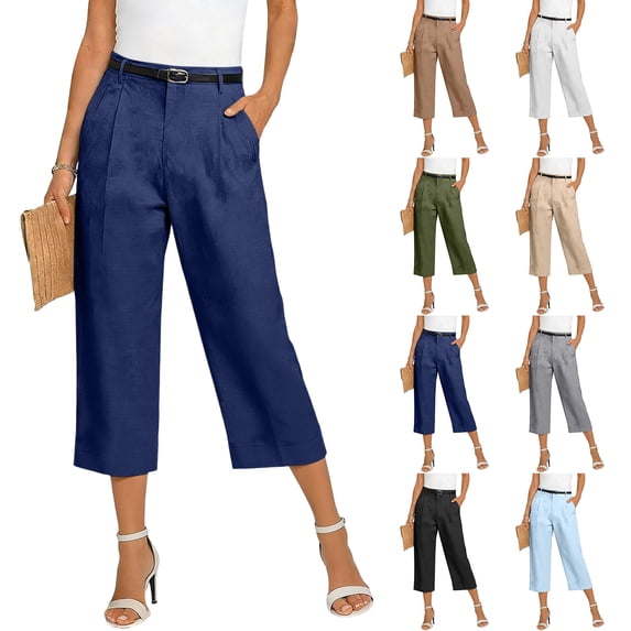 Women's Cotton Linen Cropped Pants High Waist Pleated Casual Capris with Pockets Office Capri Pants Navy S